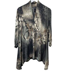 CLARA SUN WOO Tunic Top Small Stretch Jersey Artsy Modern Gray Print 3/4 sleeve